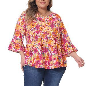 Plus Size Floral Blouses V Neck Ruffle Sleeve Babydoll Peplum Top Orange